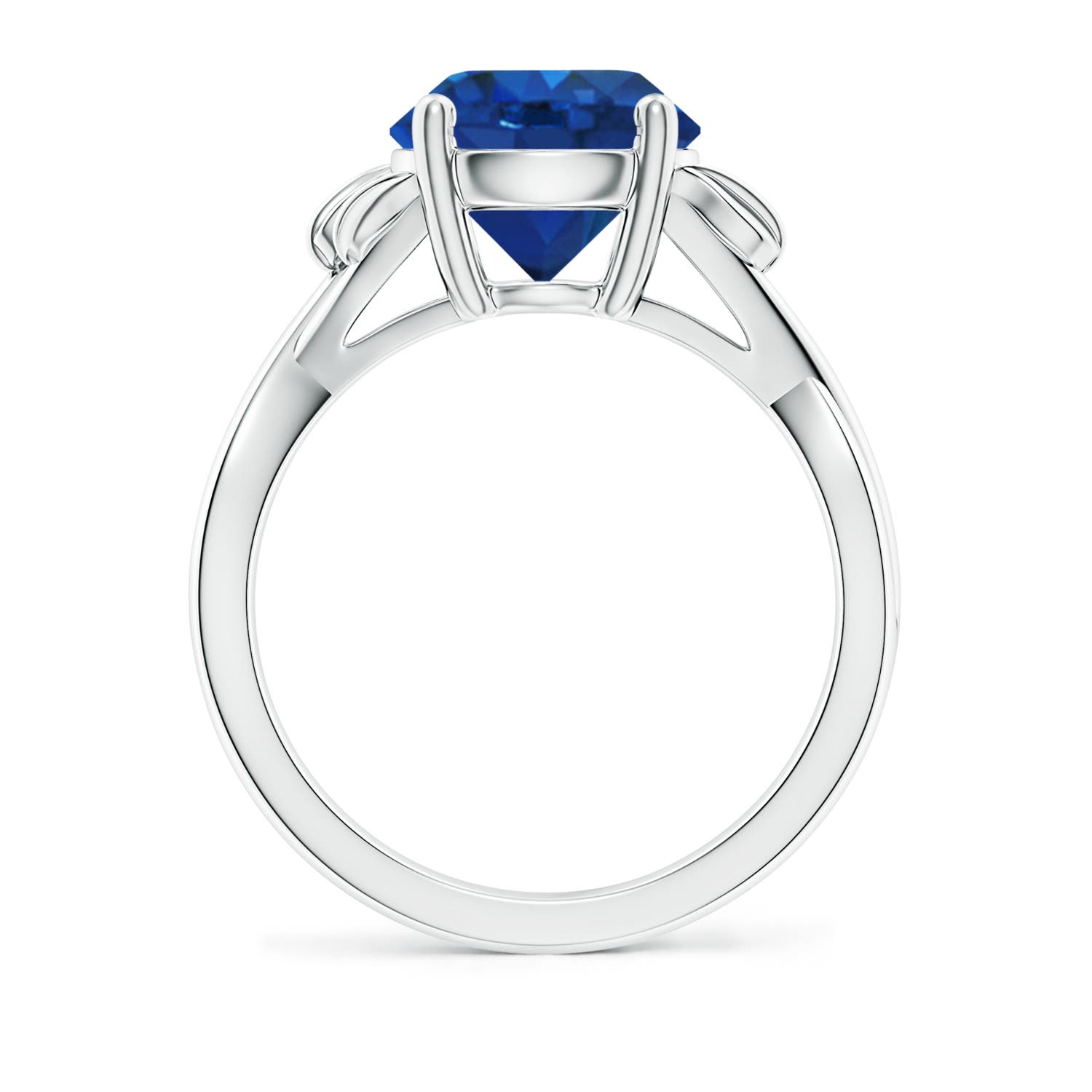 9mm AAA Nature Inspired Blue Sapphire Crossover Ring with Leaf Motifs in White Gold
