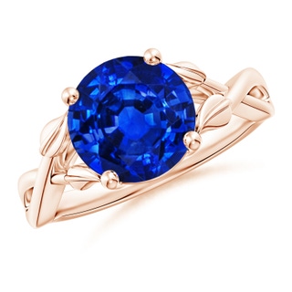 9mm AAAA Nature Inspired Blue Sapphire Crossover Ring with Leaf Motifs in Rose Gold