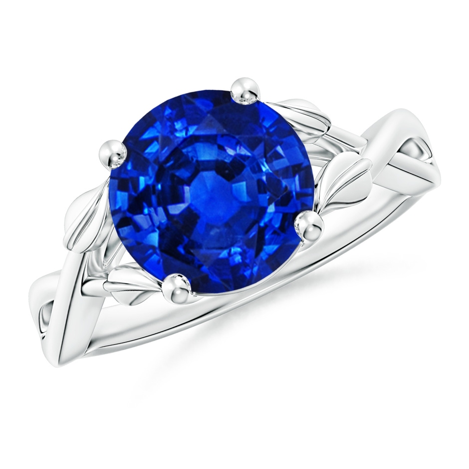 9mm Lab-Grown Nature Inspired Blue Sapphire Crossover Ring with Leaf Motifs in White Gold 