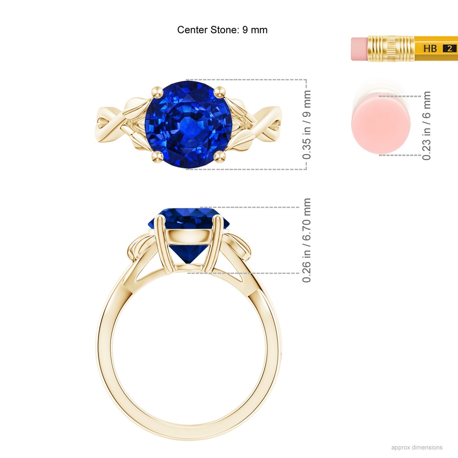 9mm Lab-Grown Nature Inspired Blue Sapphire Crossover Ring with Leaf Motifs in Yellow Gold ruler