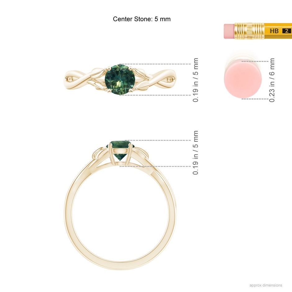 5mm AA Nature Inspired Teal Montana Sapphire Ring with Leaf Motifs in Yellow Gold ruler
