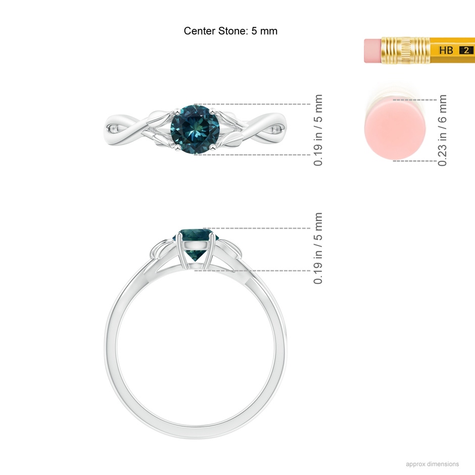 5mm AAA Nature Inspired Teal Montana Sapphire Ring with Leaf Motifs in 10K White Gold ruler