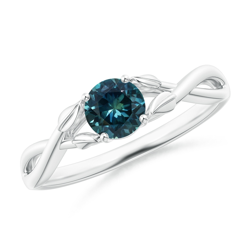 5mm AAA Nature Inspired Teal Montana Sapphire Ring with Leaf Motifs in 9K White Gold
