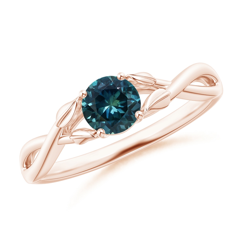 5mm AAA Nature Inspired Teal Montana Sapphire Ring with Leaf Motifs in Rose Gold