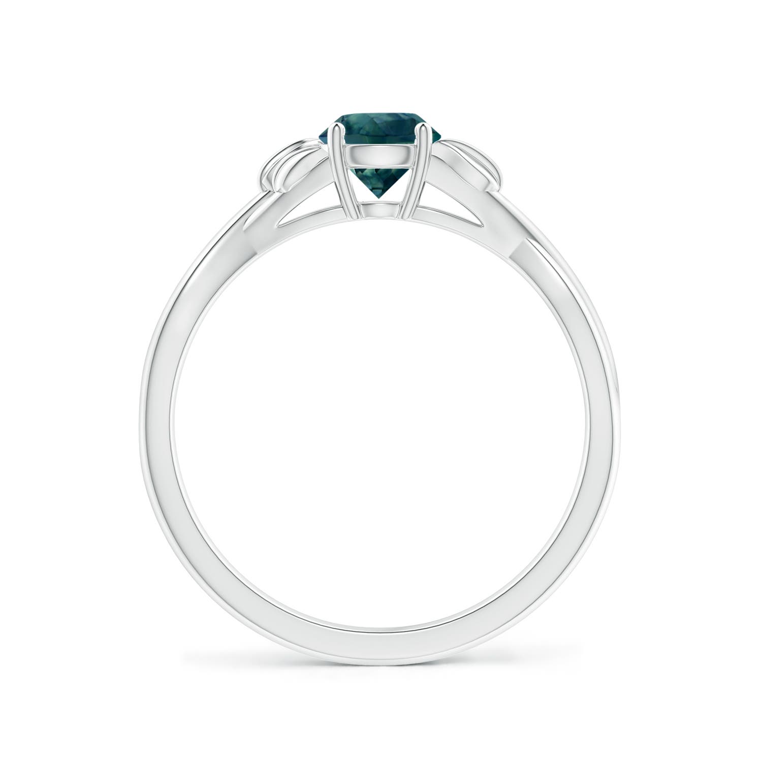 5mm AAA Nature Inspired Teal Montana Sapphire Ring with Leaf Motifs in White Gold - side 3