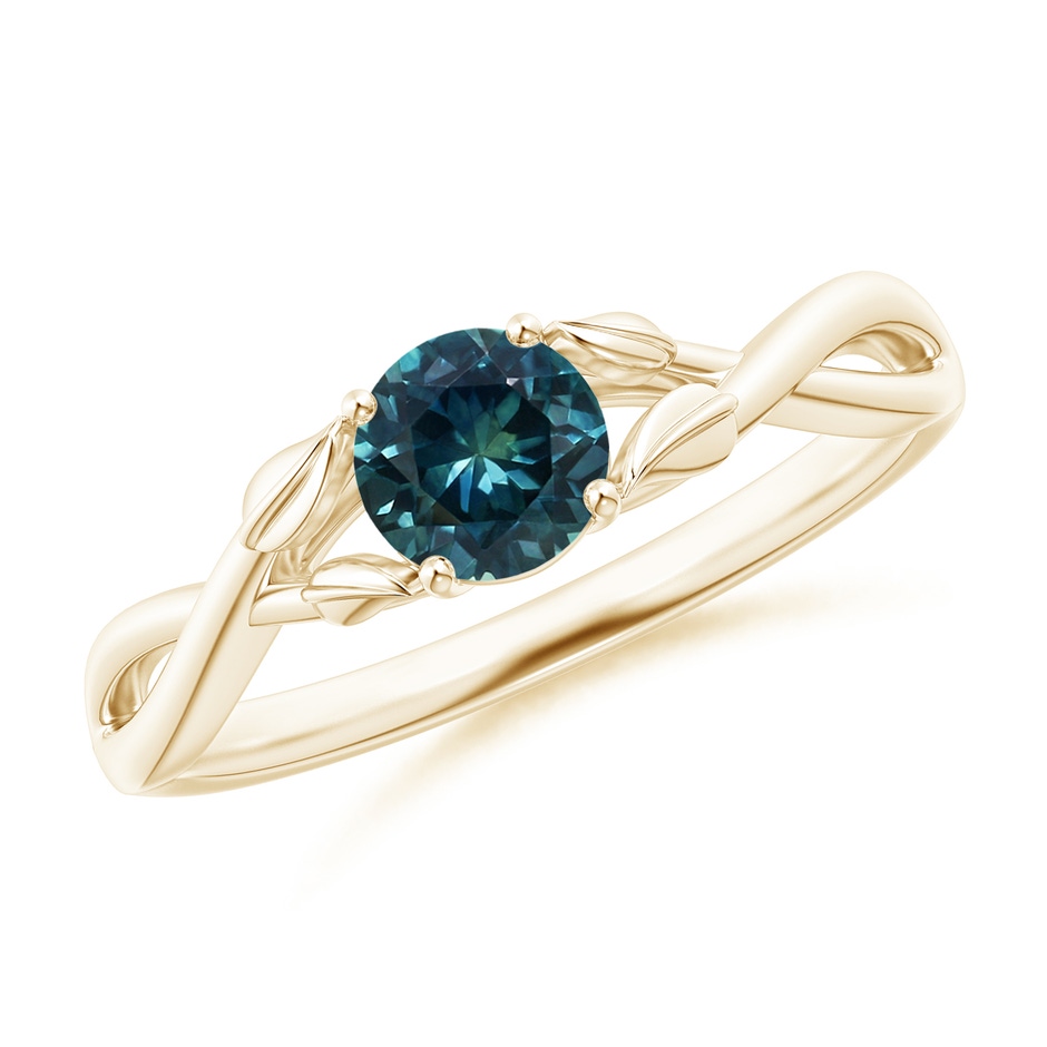 5mm AAA Nature Inspired Teal Montana Sapphire Ring with Leaf Motifs in Yellow Gold 