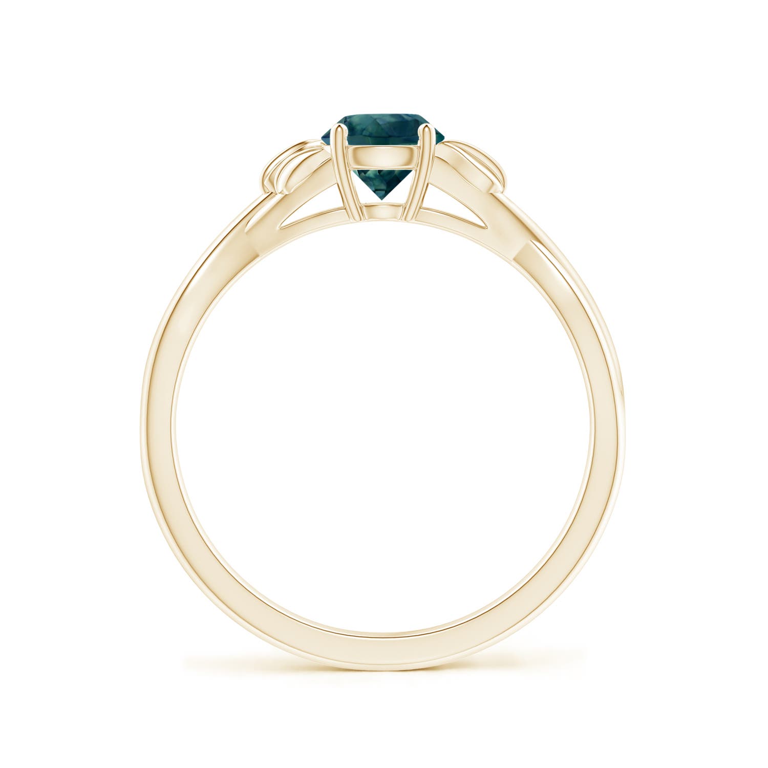 5mm AAA Nature Inspired Teal Montana Sapphire Ring with Leaf Motifs in Yellow Gold