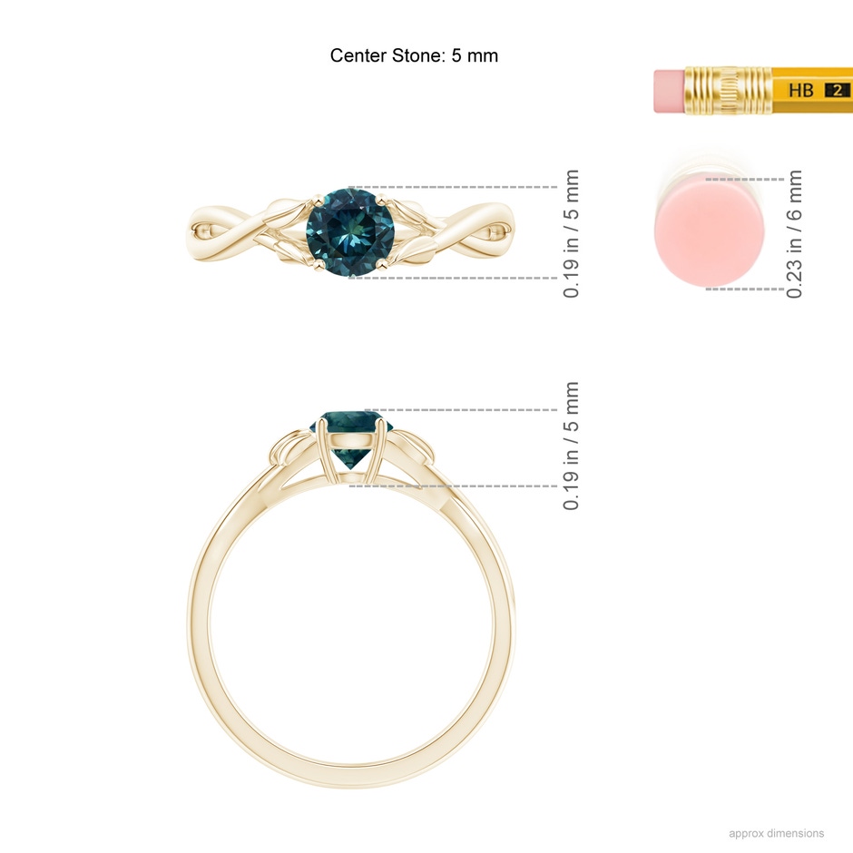 5mm AAA Nature Inspired Teal Montana Sapphire Ring with Leaf Motifs in Yellow Gold ruler