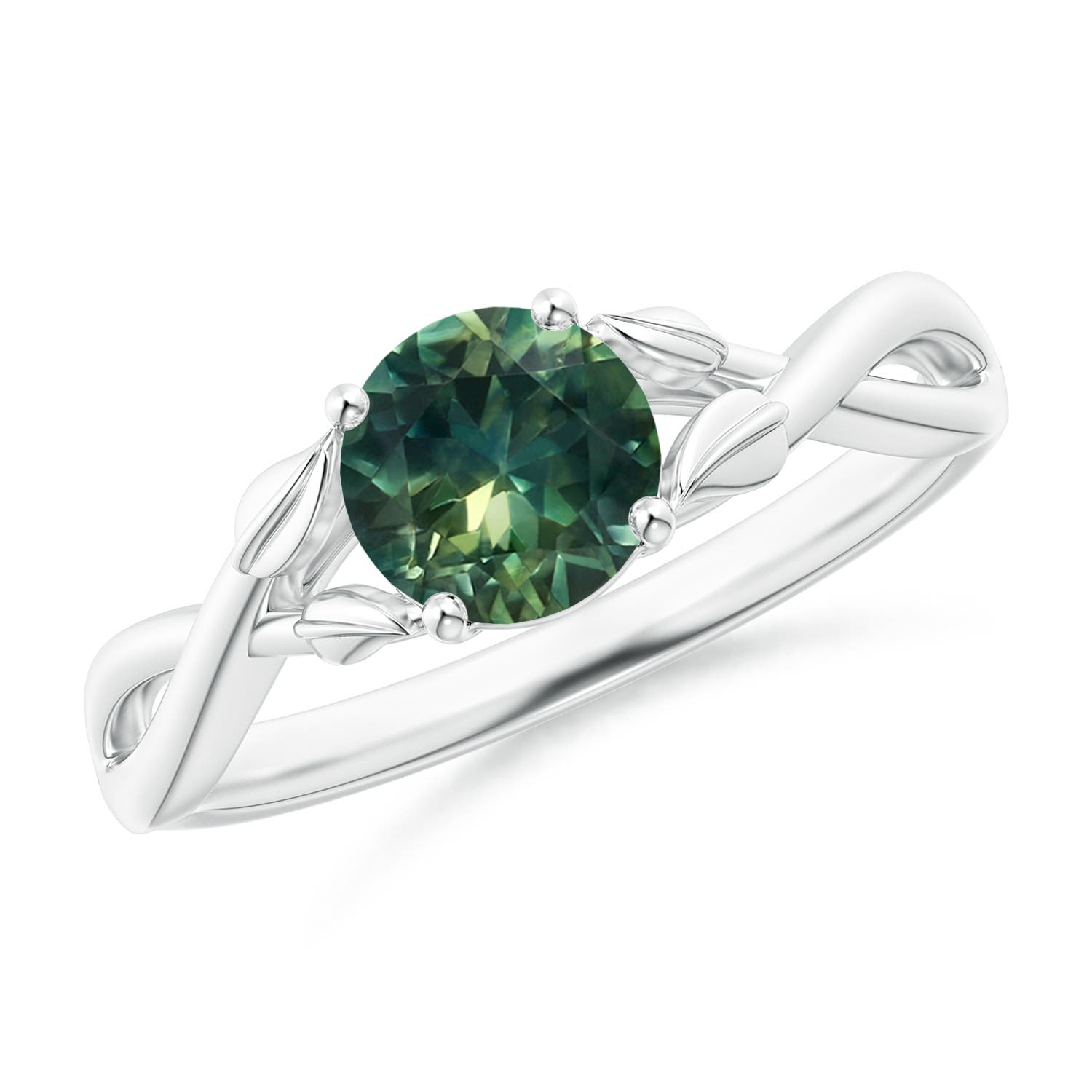 6mm AA Nature Inspired Teal Montana Sapphire Ring with Leaf Motifs in White Gold