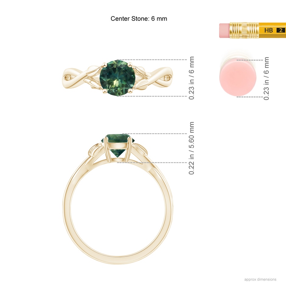 6mm AA Nature Inspired Teal Montana Sapphire Ring with Leaf Motifs in Yellow Gold ruler