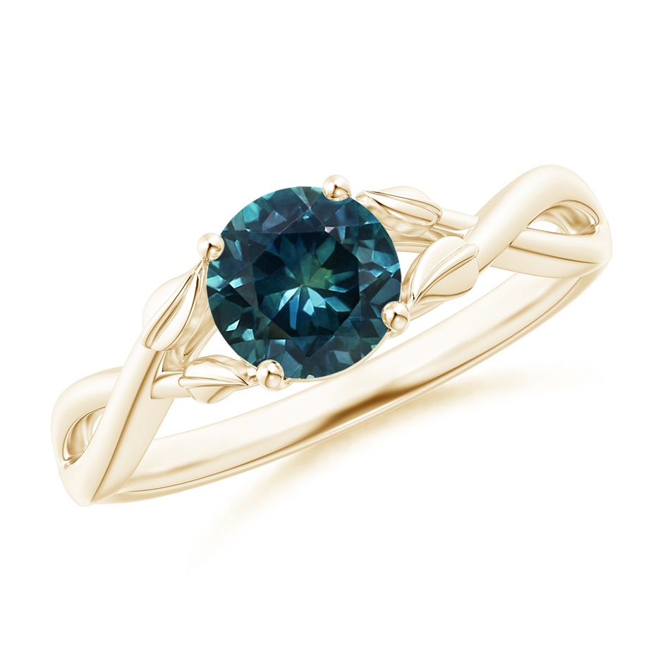 6mm AAA Nature Inspired Teal Montana Sapphire Ring with Leaf Motifs in Yellow Gold 