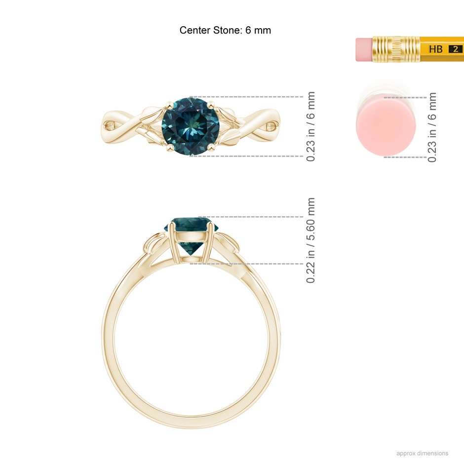 6mm AAA Nature Inspired Teal Montana Sapphire Ring with Leaf Motifs in Yellow Gold ruler