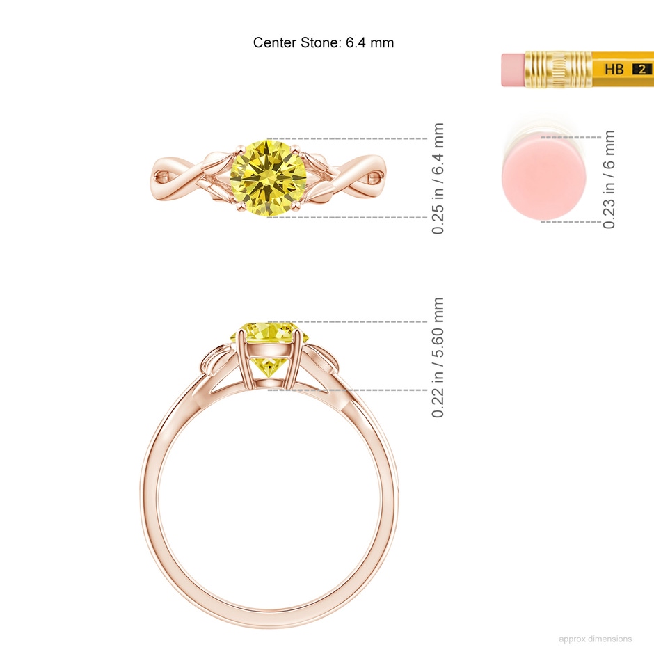 6.4mm AAAA Nature Inspired Fancy Intense Yellow Diamond Crossover Ring with Leaf Motifs in Rose Gold ruler