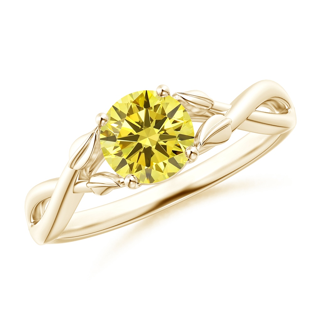 6.4mm AAAA Nature Inspired Fancy Intense Yellow Diamond Crossover Ring with Leaf Motifs in Yellow Gold