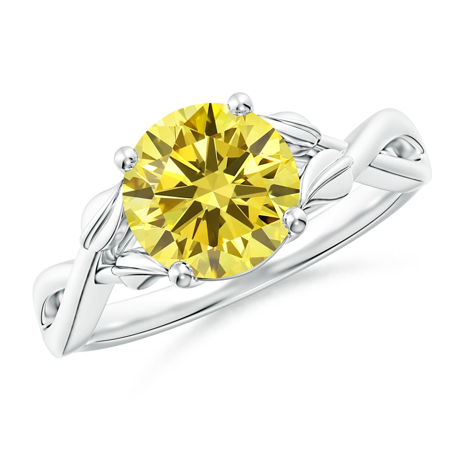 Angara 2.01 CTW Nature Inspired Fancy Intense Yellow Diamond Crossover Engagement Ring with Leaf Motifs in Silver