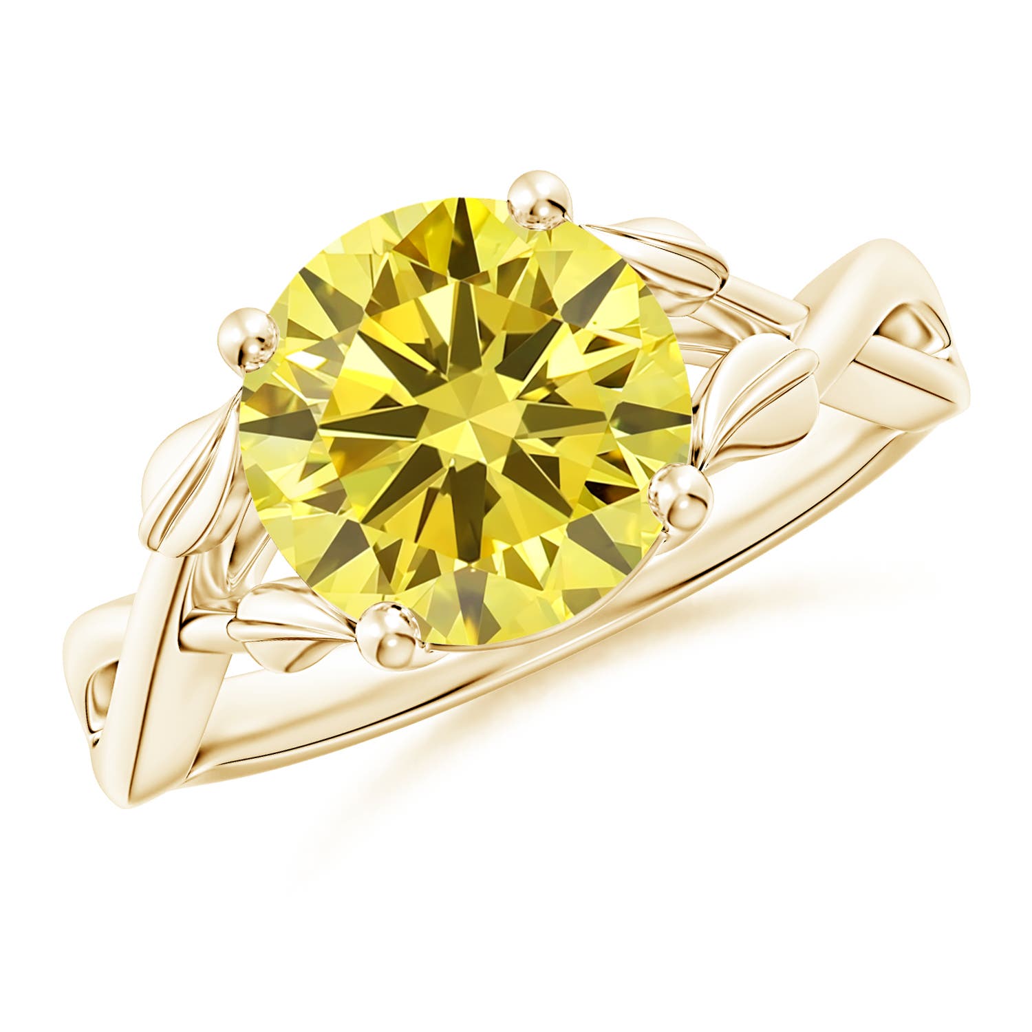 Angara 3.0 CTW Nature Inspired Fancy Intense Yellow Diamond Crossover Engagement Ring with Leaf Motifs in 18K Yellow Gold