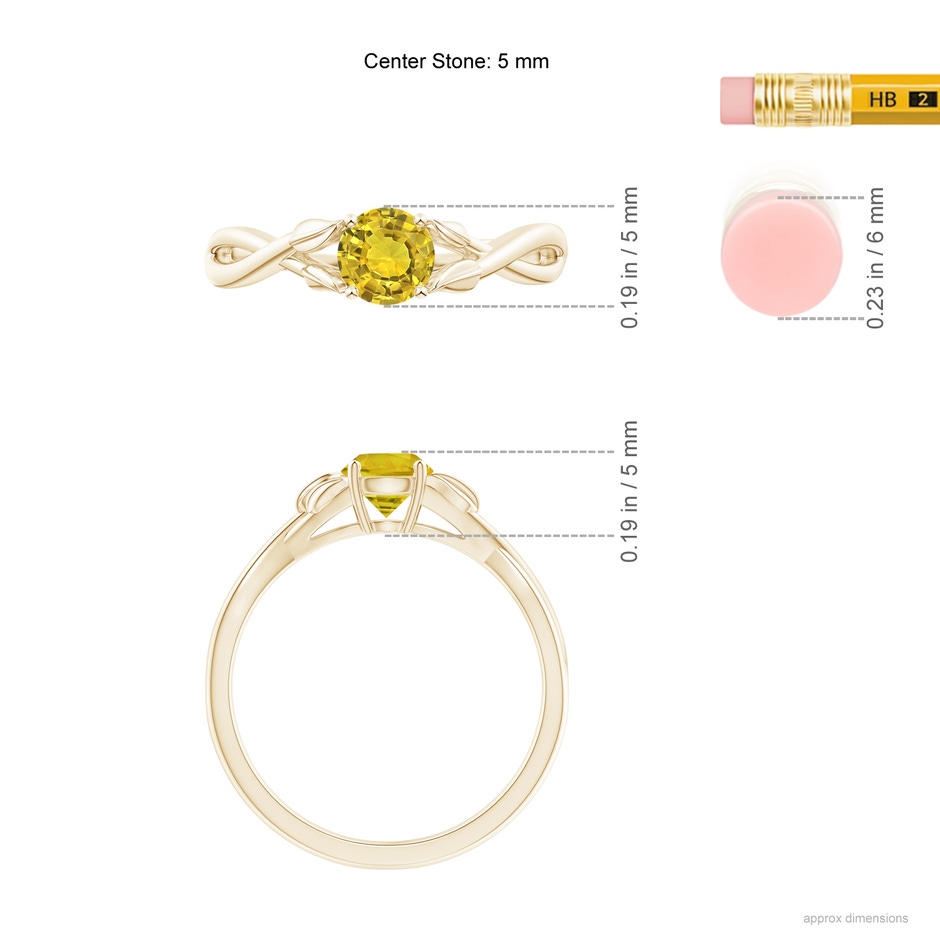 5mm AAAA Nature Inspired Yellow Sapphire Ring with Leaf Motifs in Yellow Gold ruler