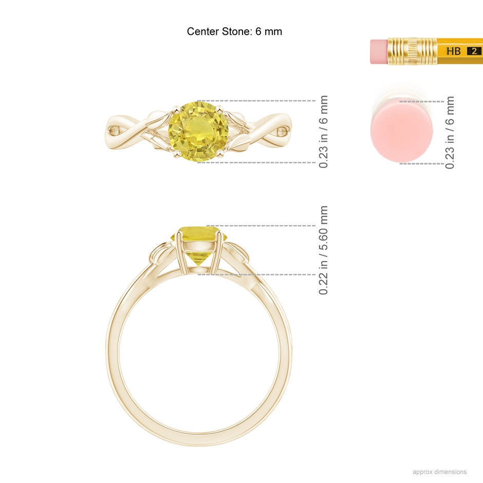 6mm AA Nature Inspired Yellow Sapphire Ring with Leaf Motifs in Yellow Gold ruler