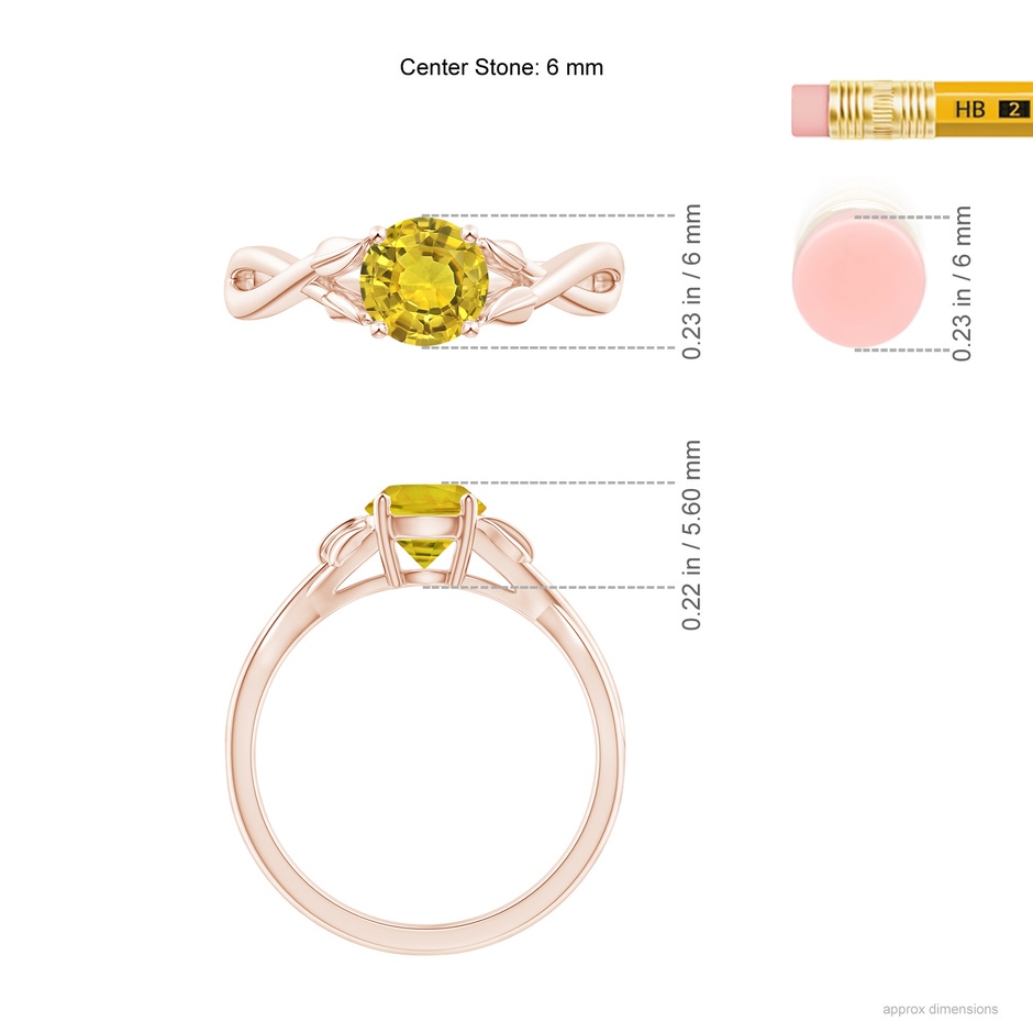 6mm AAAA Nature Inspired Yellow Sapphire Ring with Leaf Motifs in Rose Gold ruler