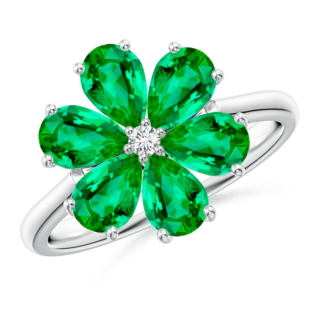 6x4mm AAA Nature Inspired Emerald & Diamond Flower Ring in White Gold