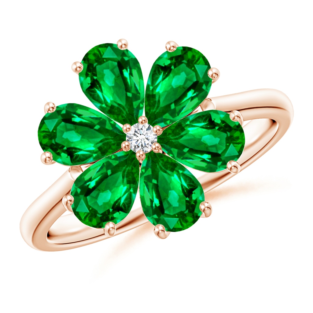 6x4mm AAAA Nature Inspired Emerald & Diamond Flower Ring in Rose Gold