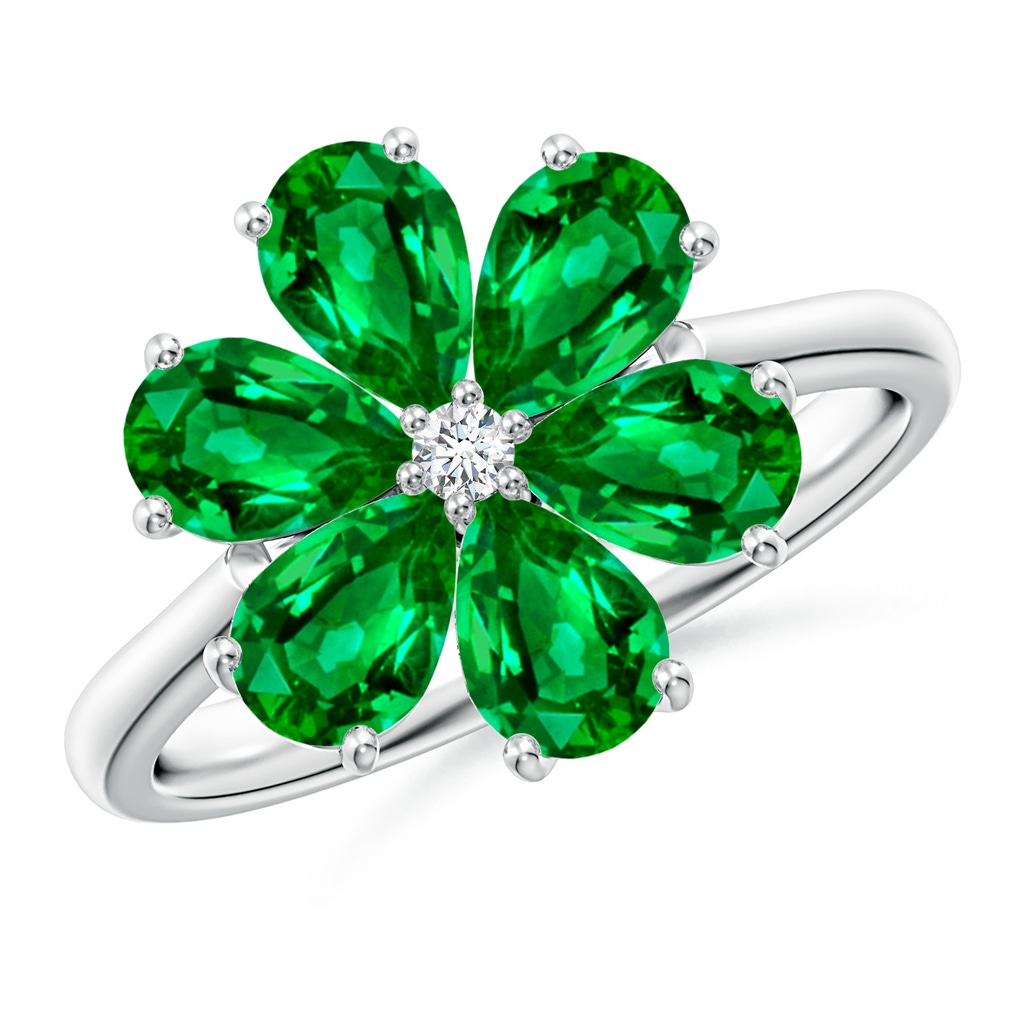 6x4mm AAAA Nature Inspired Emerald & Diamond Flower Ring in White Gold