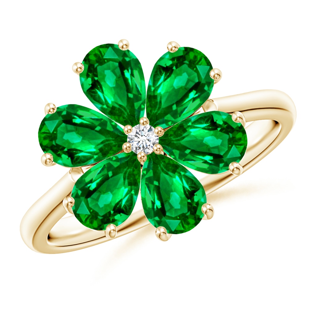 6x4mm AAAA Nature Inspired Emerald & Diamond Flower Ring in Yellow Gold