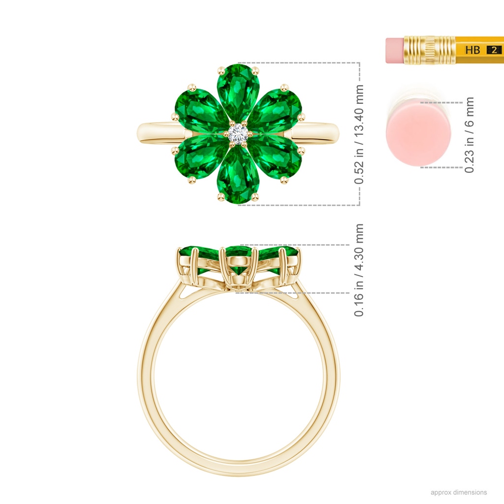 6x4mm AAAA Nature Inspired Emerald & Diamond Flower Ring in Yellow Gold Ruler