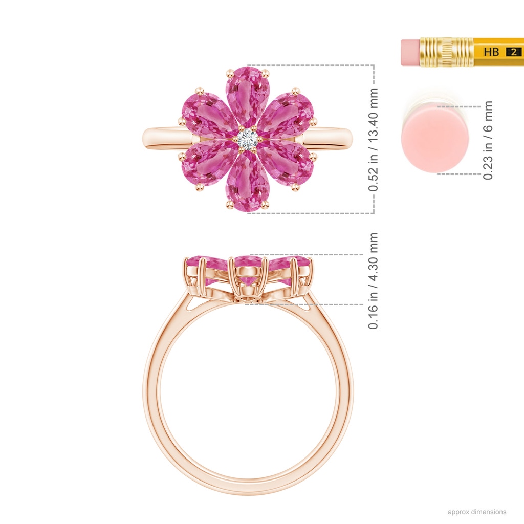 6x4mm AAA Nature Inspired Pink Sapphire & Diamond Flower Ring in Rose Gold Ruler