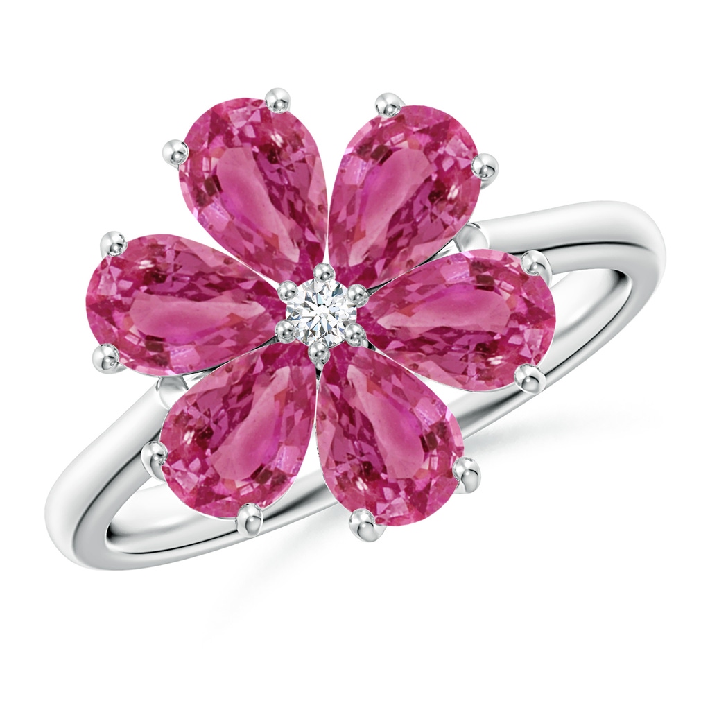 6x4mm AAAA Nature Inspired Pink Sapphire & Diamond Flower Ring in White Gold