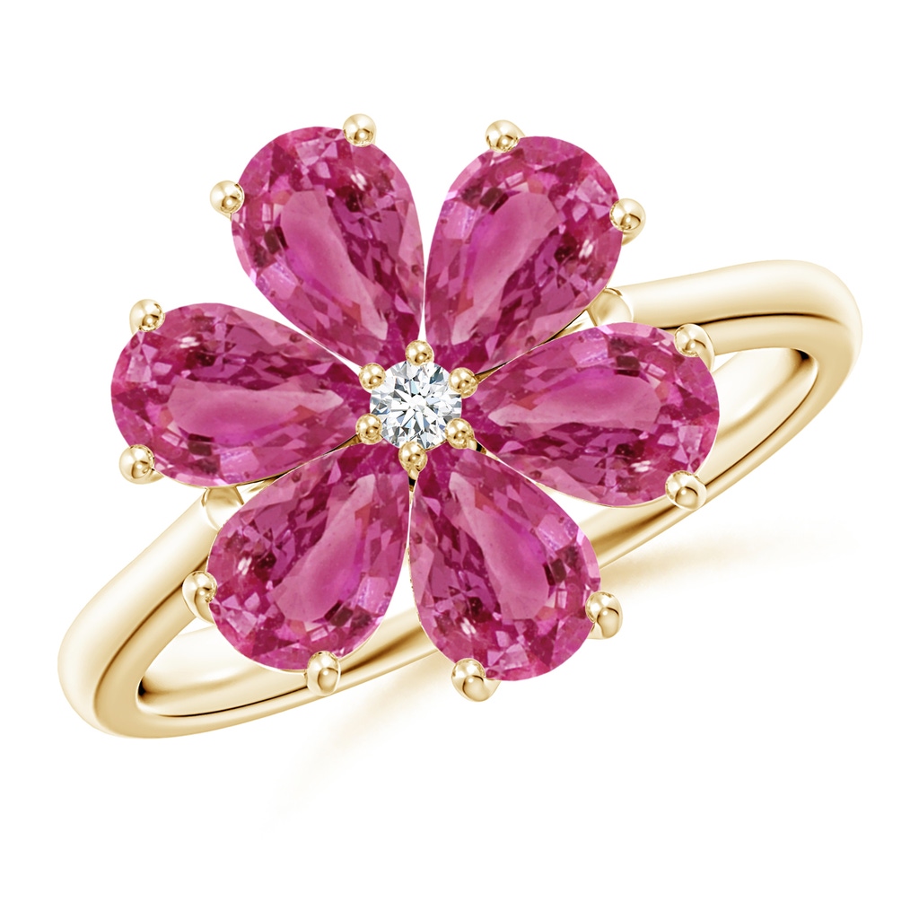 6x4mm AAAA Nature Inspired Pink Sapphire & Diamond Flower Ring in Yellow Gold
