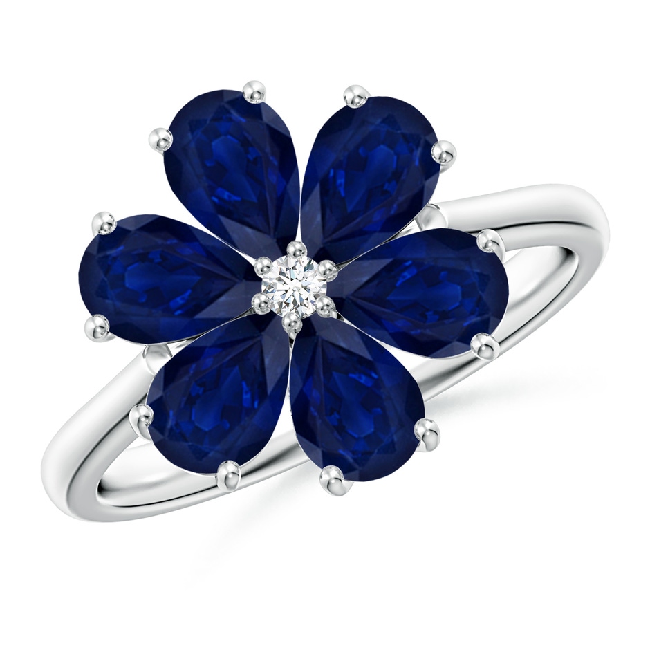 6x4mm AA Nature Inspired Blue Sapphire & Diamond Flower Ring in White Gold 