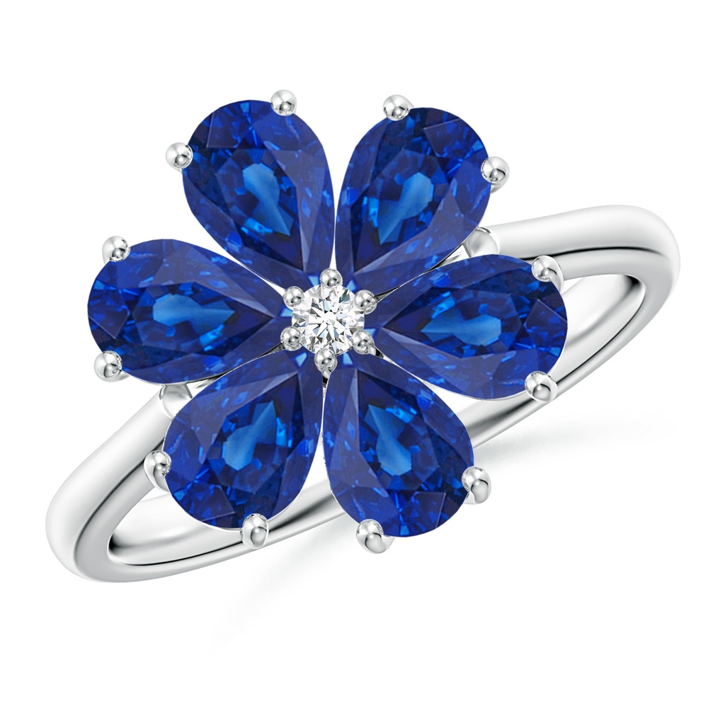 6x4mm AAA Nature Inspired Blue Sapphire & Diamond Flower Ring in White Gold