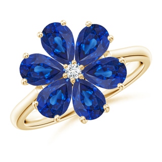 6x4mm AAA Nature Inspired Blue Sapphire & Diamond Flower Ring in Yellow Gold