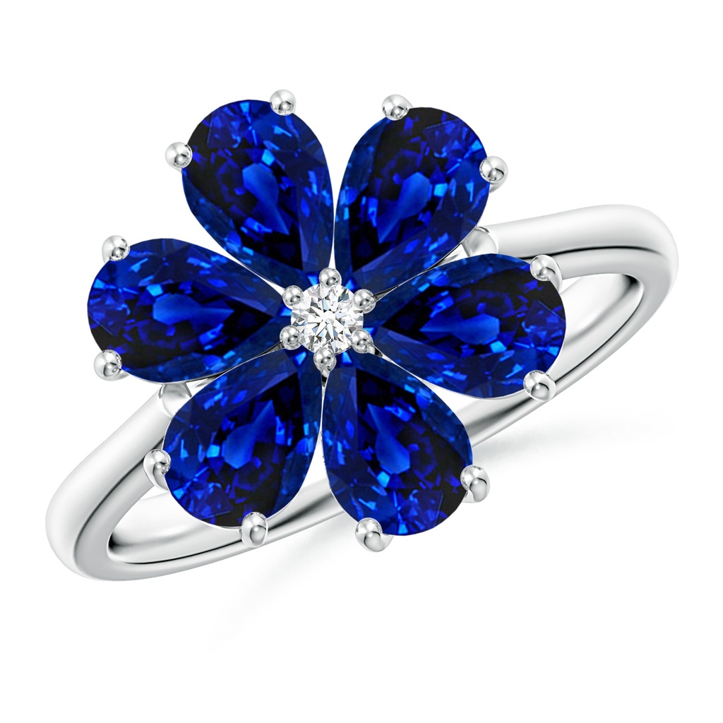 6x4mm Lab-Grown Nature Inspired Blue Sapphire & Diamond Flower Ring in White Gold