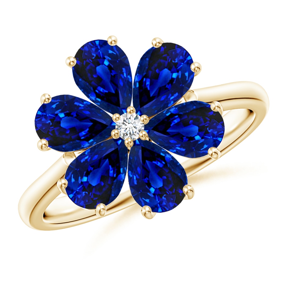 6x4mm AAAA Nature Inspired Blue Sapphire & Diamond Flower Ring in Yellow Gold 