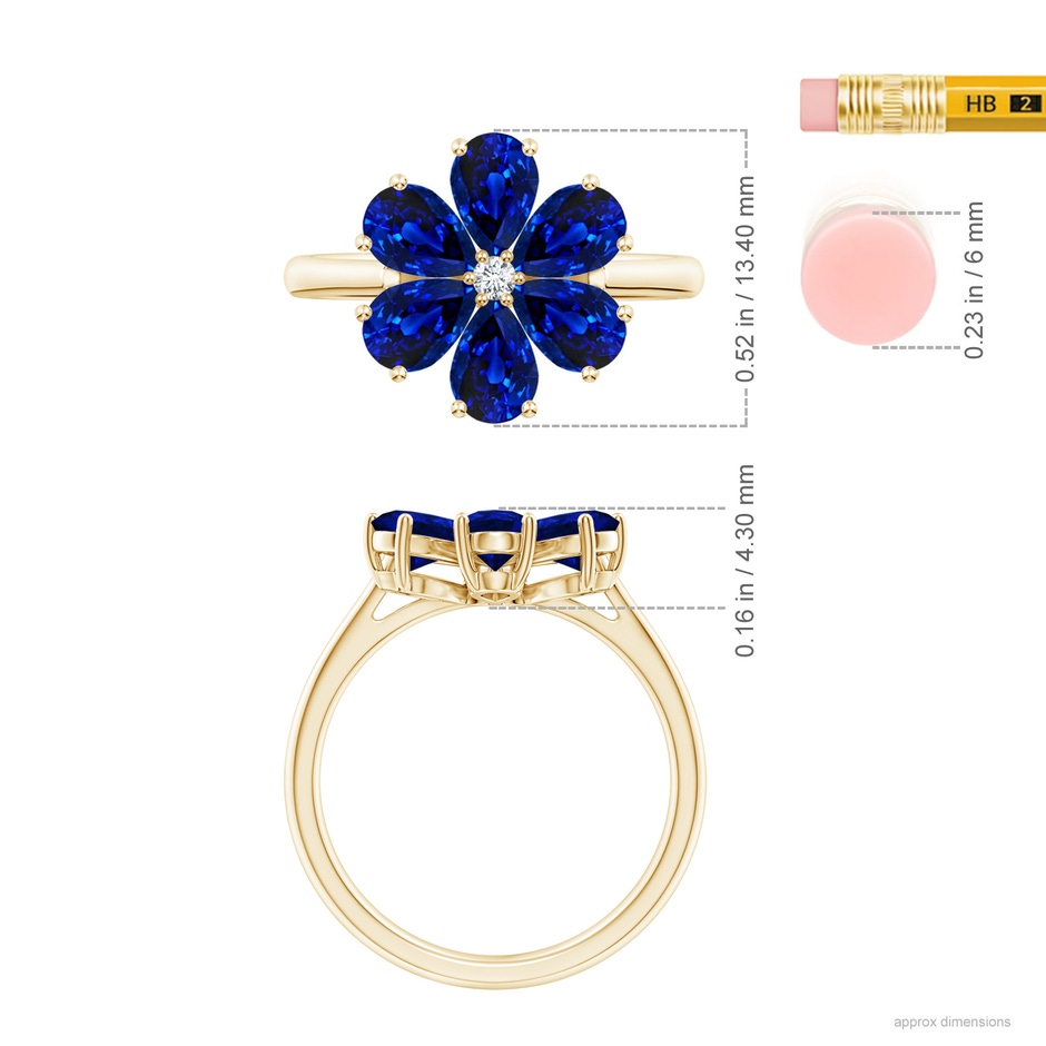 6x4mm AAAA Nature Inspired Blue Sapphire & Diamond Flower Ring in Yellow Gold ruler