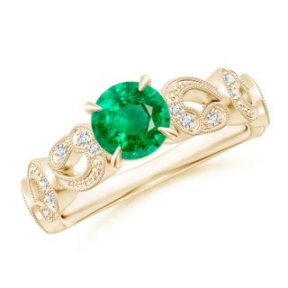 6mm AAA Nature Inspired Emerald & Diamond Filigree Ring in Yellow Gold