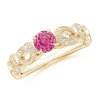 5mm AAA Nature Inspired Pink Sapphire & Diamond Filigree Ring in Yellow Gold