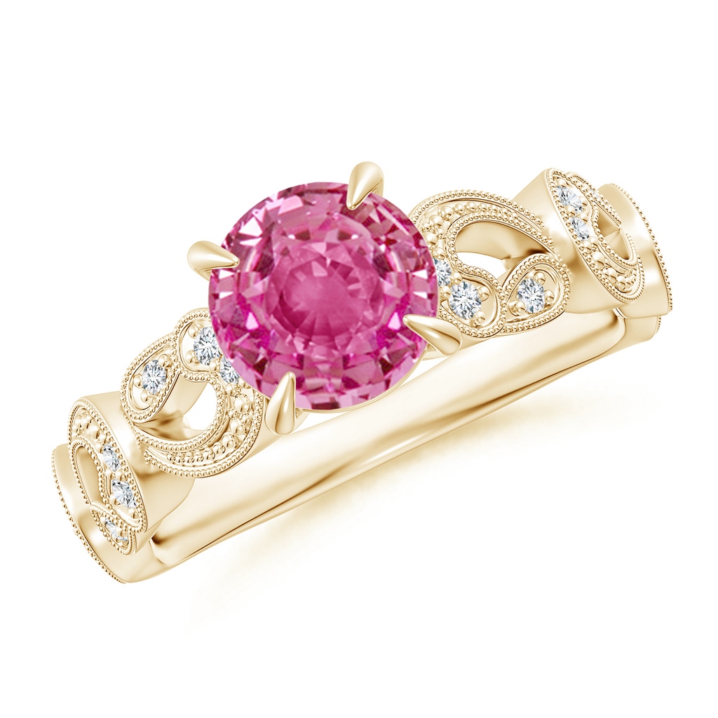 7mm AAA Nature Inspired Pink Sapphire & Diamond Filigree Ring in Yellow Gold