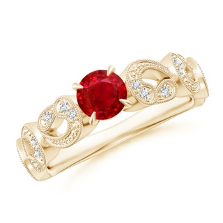 5mm AAA Nature Inspired Ruby & Diamond Filigree Ring in 9K Yellow Gold