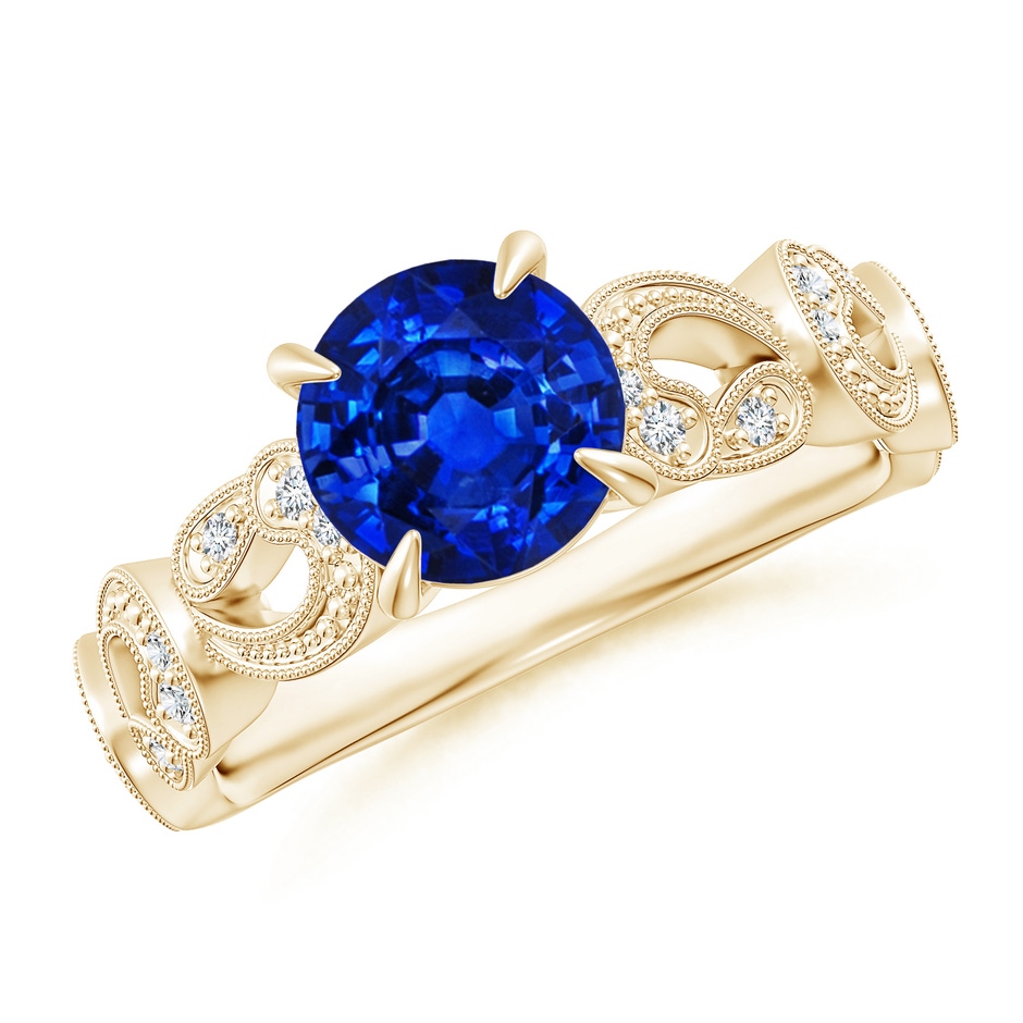 7mm AAAA Nature Inspired Blue Sapphire & Diamond Filigree Ring in Yellow Gold 