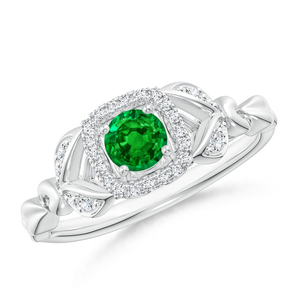 4mm AAAA Nature Inspired Emerald Halo Ring with Leaf Motifs in White Gold
