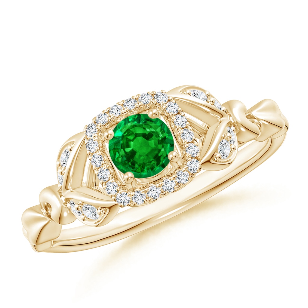 4mm AAAA Nature Inspired Emerald Halo Ring with Leaf Motifs in Yellow Gold