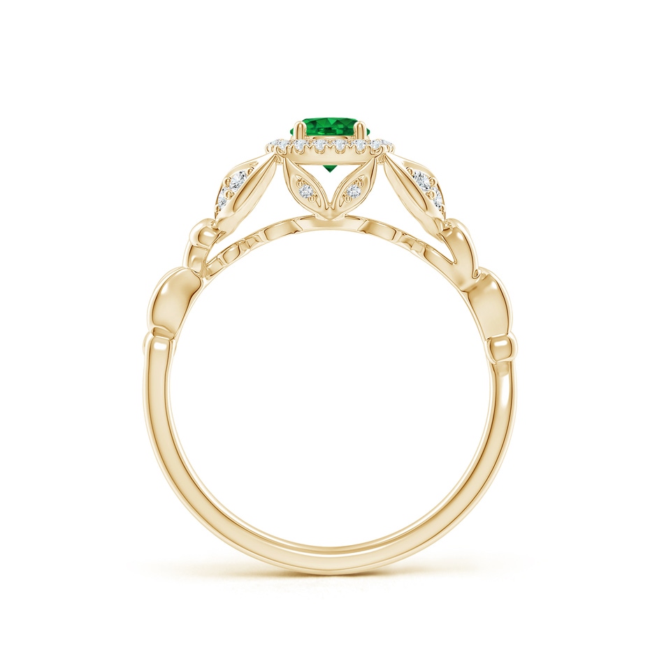 4mm AAAA Nature Inspired Emerald Halo Ring with Leaf Motifs in Yellow Gold product image