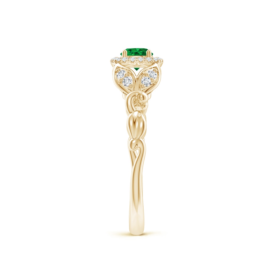 4mm AAAA Nature Inspired Emerald Halo Ring with Leaf Motifs in Yellow Gold product image