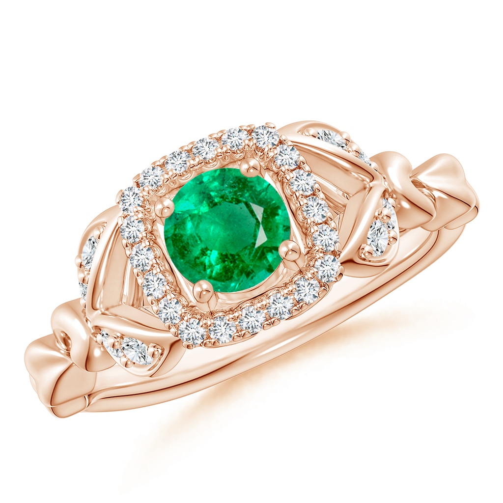 5mm AAA Nature Inspired Emerald Halo Ring with Leaf Motifs in Rose Gold