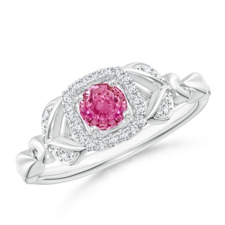 4mm AAA Nature Inspired Pink Sapphire Halo Ring with Leaf Motifs in White Gold
