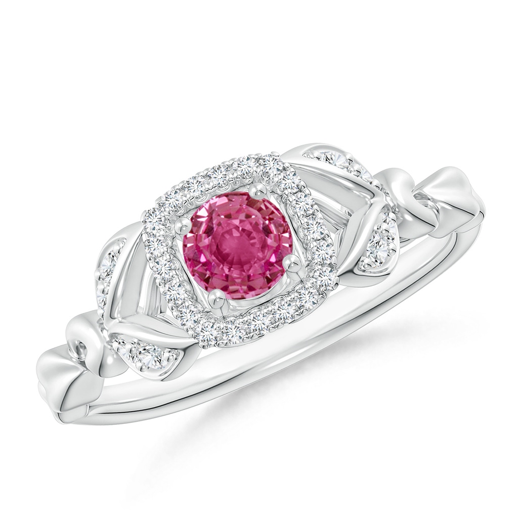 4mm AAAA Nature Inspired Pink Sapphire Halo Ring with Leaf Motifs in White Gold