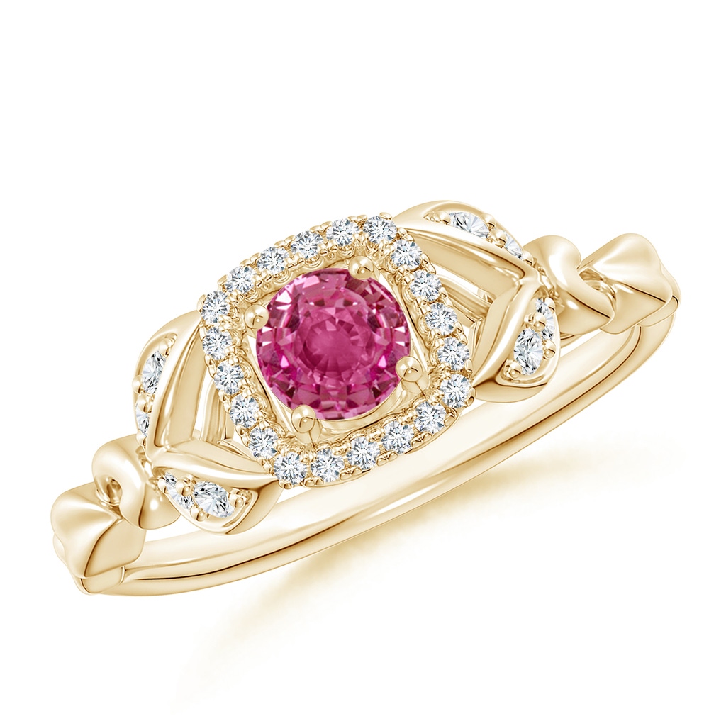 4mm AAAA Nature Inspired Pink Sapphire Halo Ring with Leaf Motifs in Yellow Gold